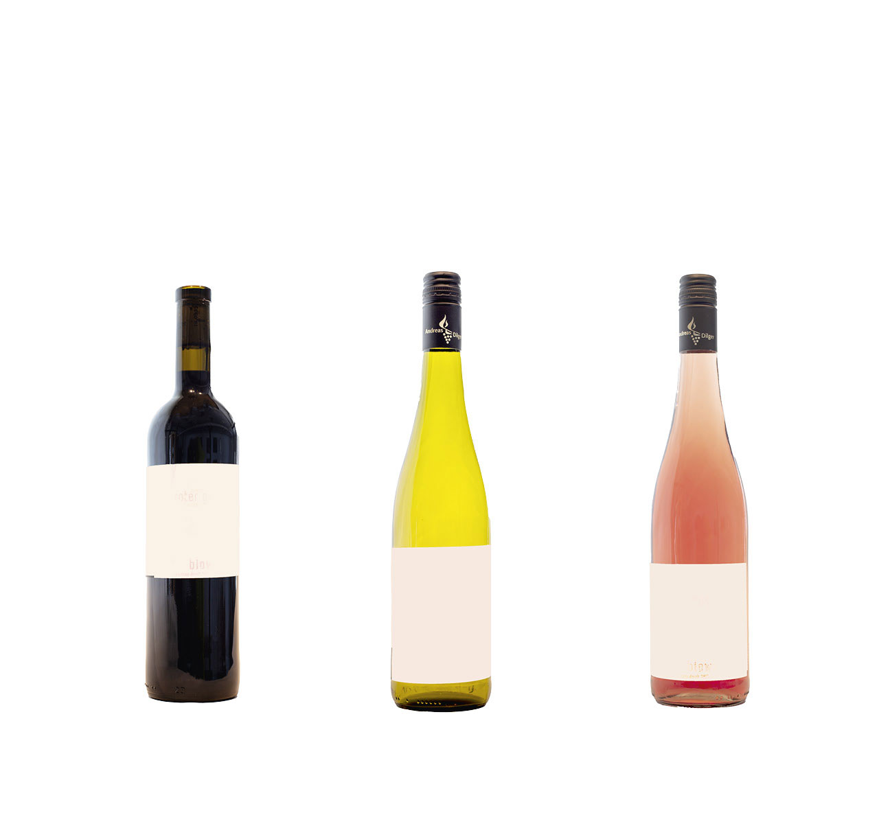 Drei Weinflaschen mit Blanko-Etikett
